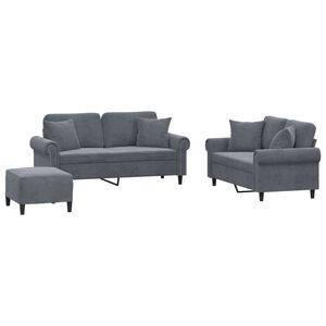 vidaXL Ensemble de canap&eacute;s 3 pcs avec coussins gris fonc&eacute; velours