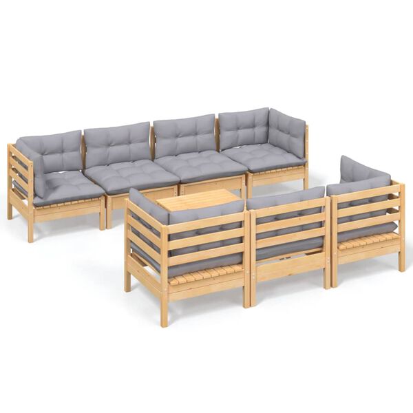 vidaXL Salon de jardin 8 pcs avec coussins gris Bois de pin massif