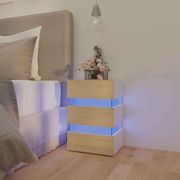 vidaXL Table de chevet &agrave; LED Blanc et ch&ecirc;ne sonoma 45x35x67 cm
