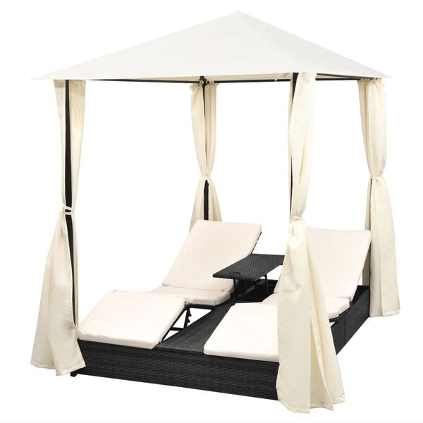 vidaXL Chaise longue double avec rideaux R&eacute;sine tress&eacute;e Noir