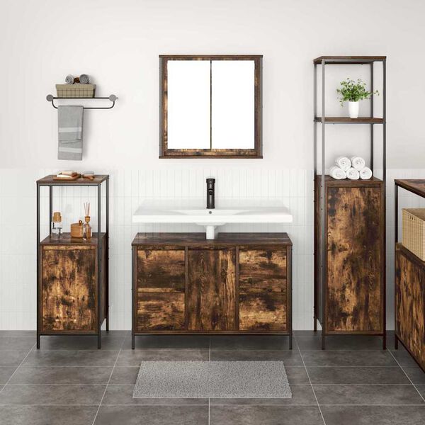 vidaXL Ensemble de mobilier de salle de bain 3 pcs Ch&ecirc;ne fum&eacute; et noir