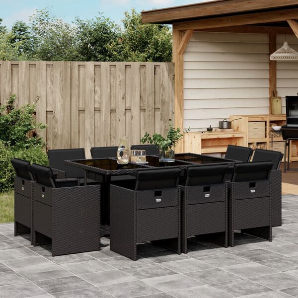 vidaXL Ensemble &agrave; manger de jardin 11 pcs coussins noir r&eacute;sine tress&eacute;e