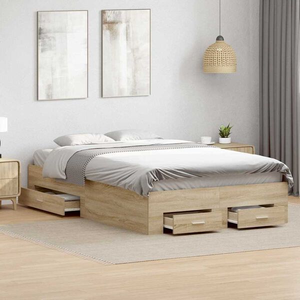 vidaXL Cadre de lit avec tiroir Marron 120 x 190 cm Bois d'ing&eacute;nierie