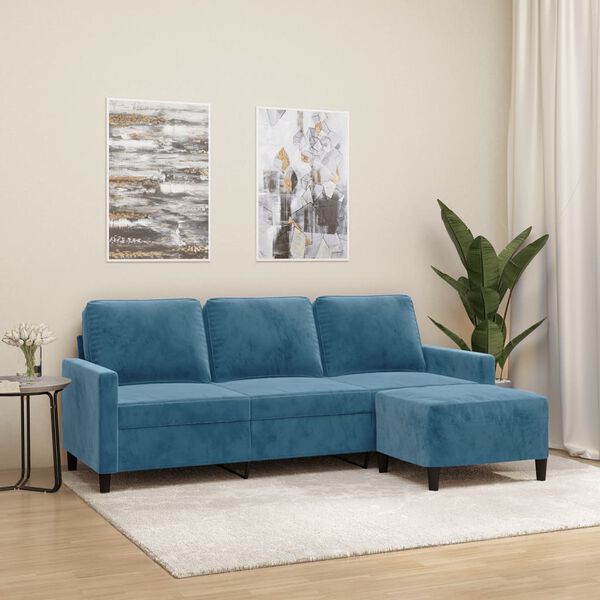 vidaXL Canap&eacute; &agrave; 3 places avec repose-pieds Bleu 180 cm Velours