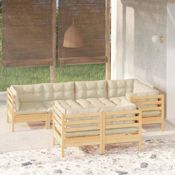 vidaXL Salon de jardin 7 pcs avec coussins cr&egrave;me bois de pin massif