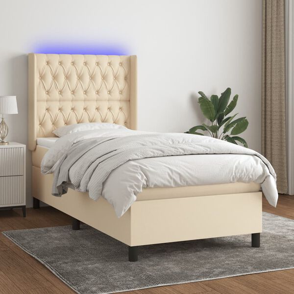 vidaXL Sommier &agrave; lattes de lit matelas et LED Cr&egrave;me 90x190 cm Tissu