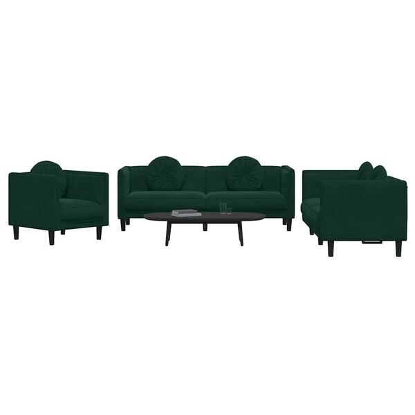 vidaXL Ensemble de canap&eacute;s 3 pcs avec coussins vert fonc&eacute; velours