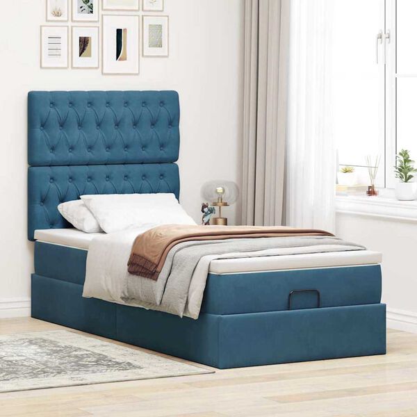 vidaXL Cadre de lit ottoman avec matelas bleu fonc&eacute; 100x200 cm velours