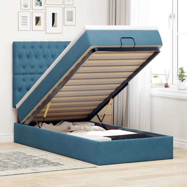 vidaXL Cadre de lit ottoman avec matelas bleu fonc&eacute; 100x200 cm velours