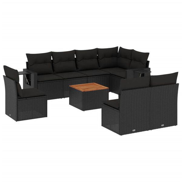 vidaXL Salon de jardin 9 pcs avec coussins noir résine tressée
