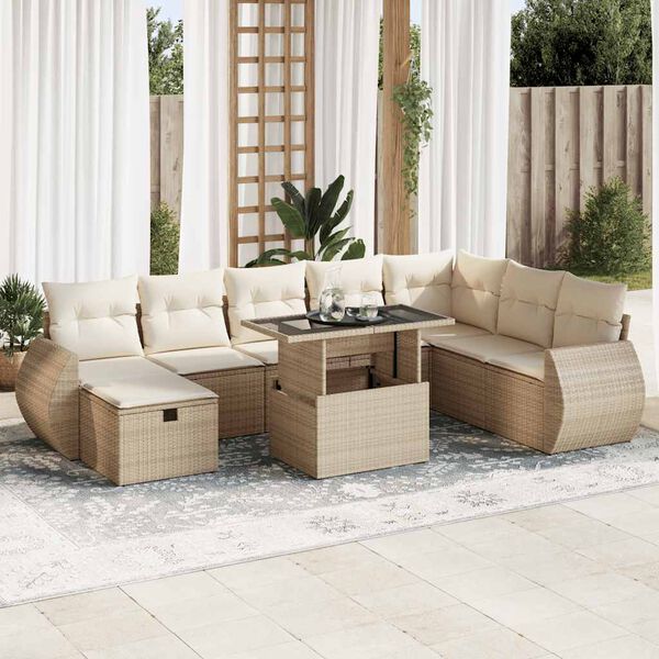 vidaXL Salon de jardin avec coussins 9 pcs beige r&eacute;sine tress&eacute;e