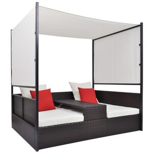 vidaXL Lit de jardin avec auvent Marron 190x130 cm R&eacute;sine tress&eacute;e