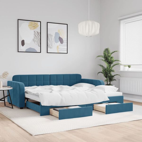 vidaXL Lit de jour avec gigogne et tiroirs sans matelas bleu 90x200 cm