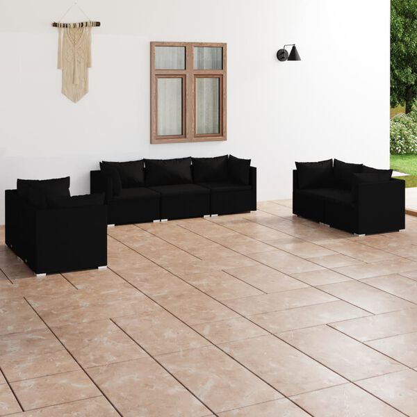 vidaXL Salon de jardin 7 pcs avec coussins R&eacute;sine tress&eacute;e Noir
