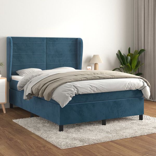vidaXL Sommier &agrave; lattes de lit et matelas Bleu fonc&eacute; 140x190cm Velours