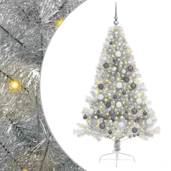 vidaXL Sapin de No&euml;l artificiel pr&eacute;-&eacute;clair&eacute; Argent 180 cm PET