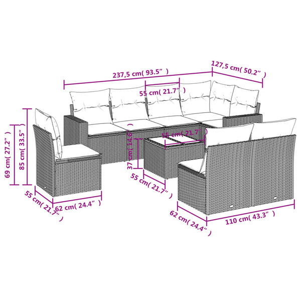 vidaXL Salon de jardin 9 pcs avec coussins noir r&eacute;sine tress&eacute;e