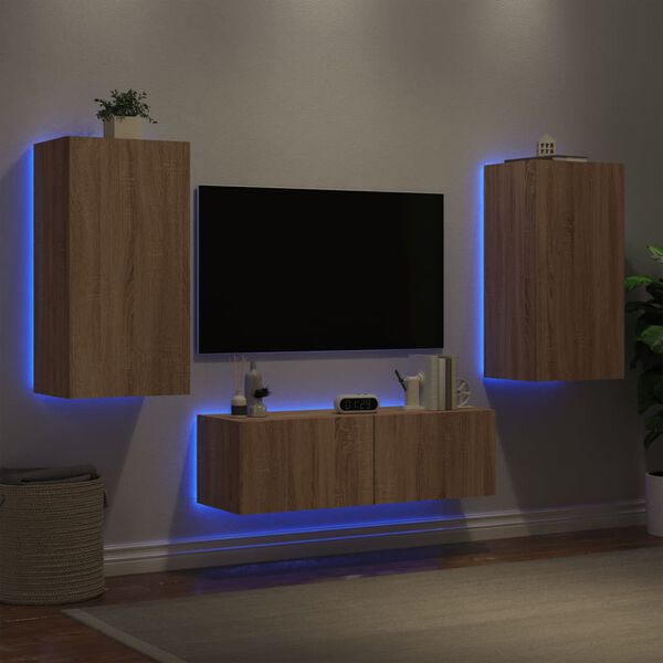 vidaXL Meuble TV muraux 3 pcs avec lumi&egrave;res LED ch&ecirc;ne sonoma