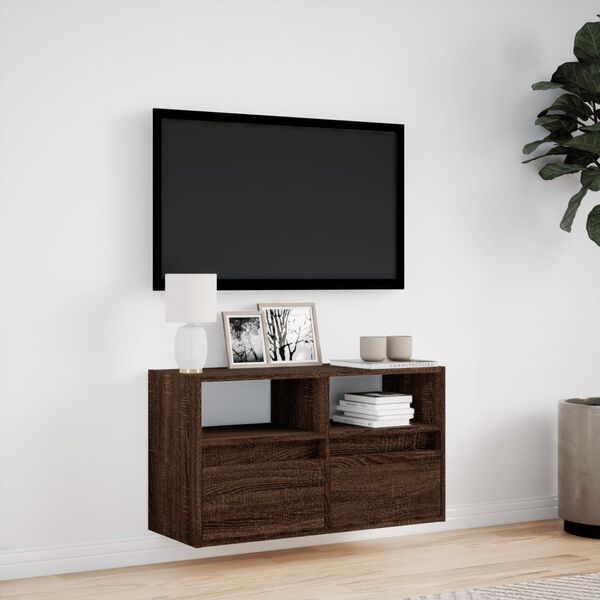 vidaXL Meuble TV mural avec lumi&egrave;res LED ch&ecirc;ne marron 80x31x45 cm