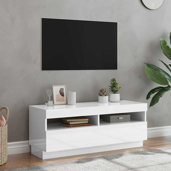 vidaXL Meuble TV avec lumi&egrave;res LED blanc brillant 100x35x40 cm