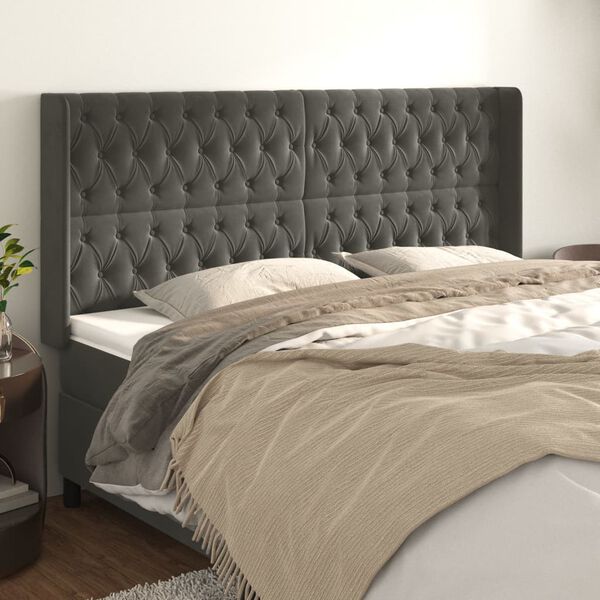 vidaXL T&ecirc;te de lit avec oreilles Gris fonc&eacute; 183x16x118/128 cm Velours