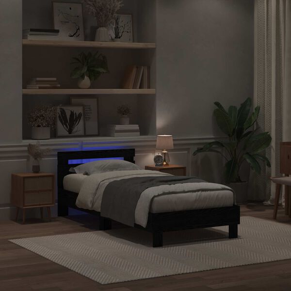 vidaXL Cadre de lit avec LED Ch&ecirc;ne noir 75 x 190 cm Bois d'ing&eacute;nierie