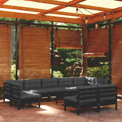 vidaXL Salon de jardin 10 pcs avec coussins Noir Bois de pin solide