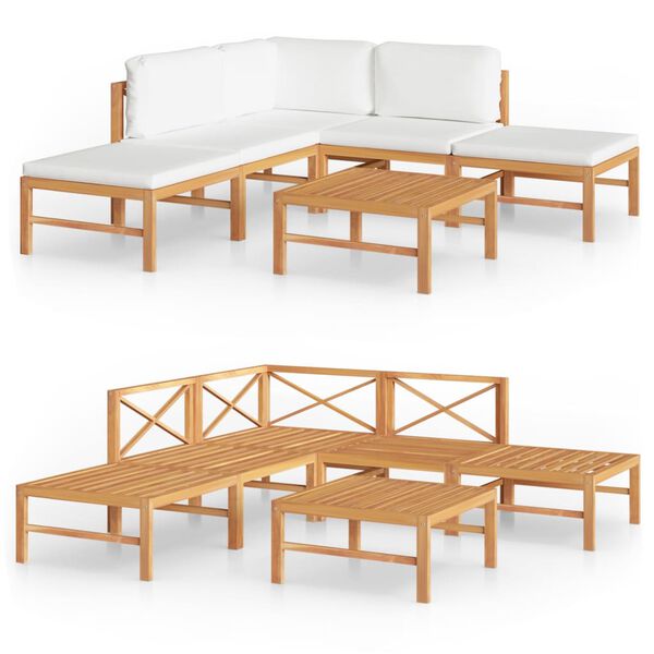 vidaXL Salon de jardin 6 pcs avec coussins cr&egrave;me Bois de teck solide