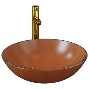 vidaXL Lavabo de bain avec robinet et drain &agrave; poussoir Verre tremp&eacute;