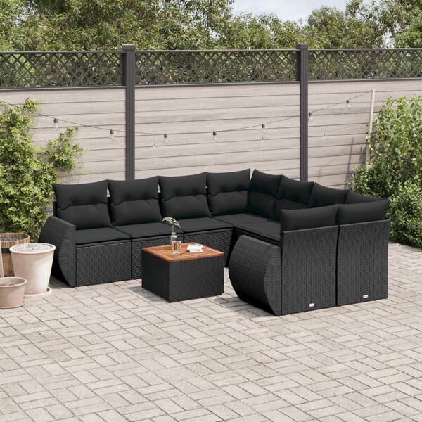 vidaXL Salon de jardin 9 pcs avec coussins noir r&eacute;sine tress&eacute;e