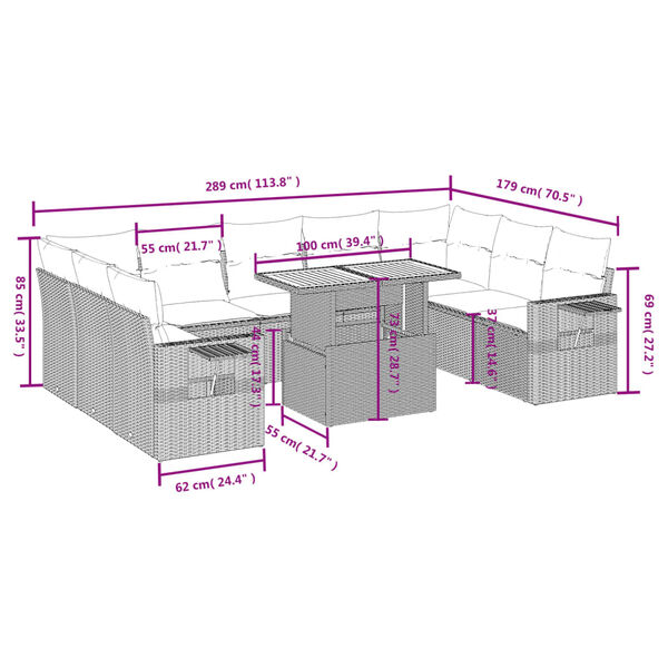 vidaXL Salon de jardin avec coussins 10 pcs gris r&eacute;sine tress&eacute;e
