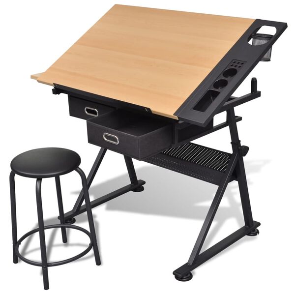 vidaXL Table &agrave; dessin inclinable 2 tiroirs et tabouret