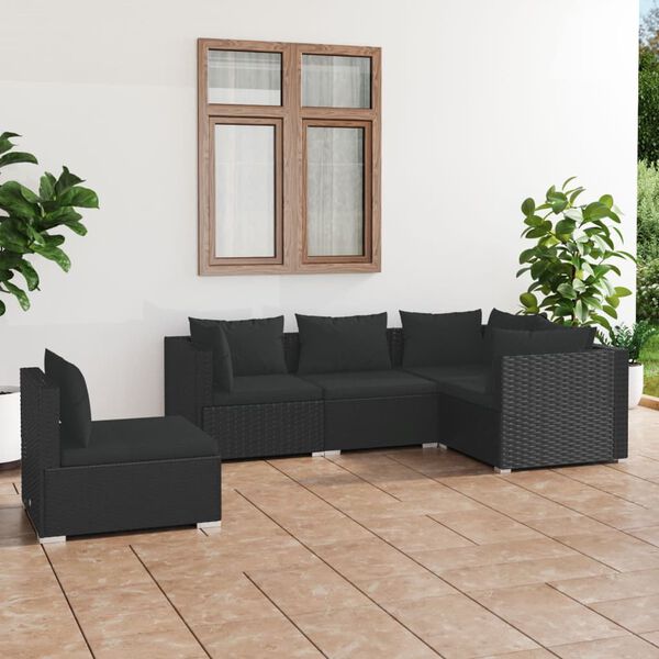 vidaXL Salon de jardin 5 pcs avec coussins R&eacute;sine tress&eacute;e Noir
