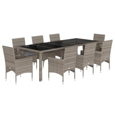 vidaXL Ensemble à manger de jardin et coussins 9 pcs gris rotin verre