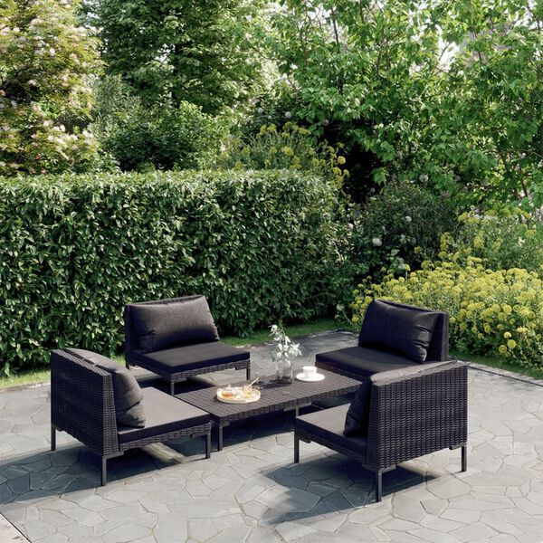 vidaXL Salon de jardin 5 pcs avec coussins Résine tressée Gris foncé