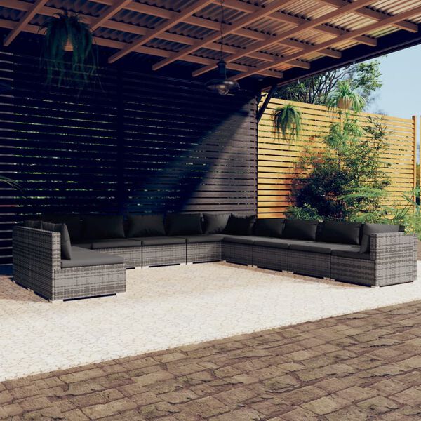 vidaXL Salon de jardin 11 pcs avec coussins Gris R&eacute;sine tress&eacute;e