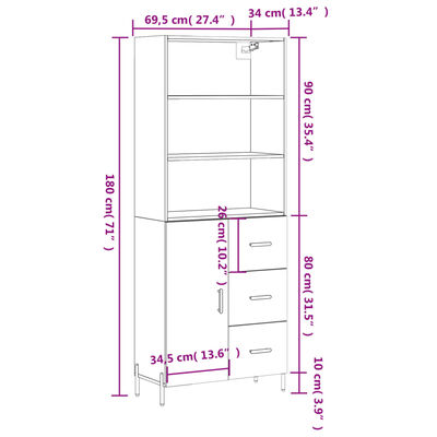 vidaXL Buffet haut Blanc 69,5x34x180 cm Bois d'ingénierie