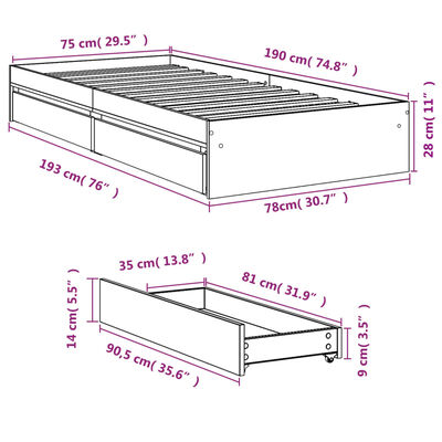 vidaXL Cadre de lit avec tiroirs sans matelas gris béton 75x190 cm