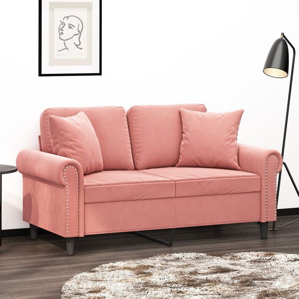 vidaXL Canap&eacute; 2 places oreillers et coussins Rose 120 cm Velours