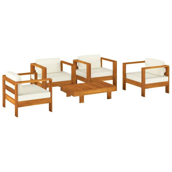 vidaXL Salon de jardin 5 pcs avec coussins blanc cr&egrave;me Bois massif