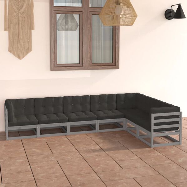 vidaXL Salon de jardin 7 pcs avec coussins Gris Bois de pin massif