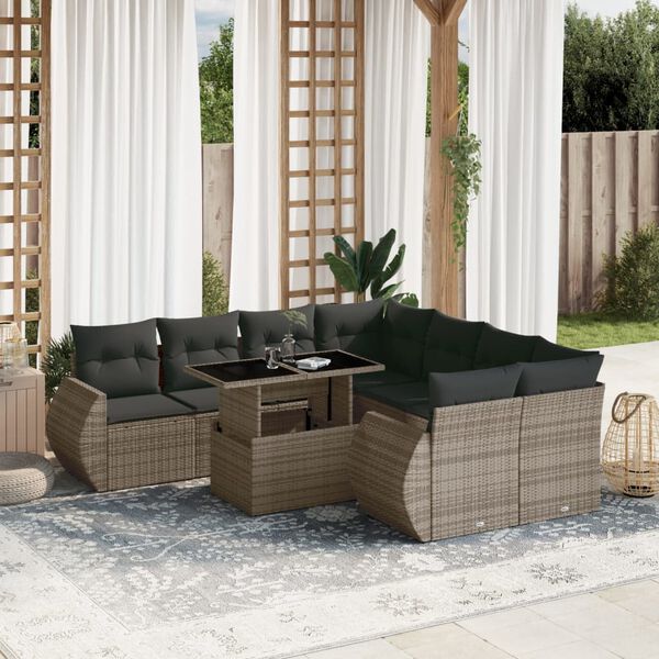 vidaXL Salon de jardin 9 pcs avec coussins gris r&eacute;sine tress&eacute;e