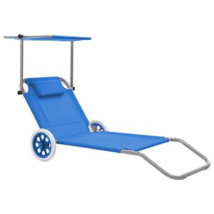 vidaXL Chaise longue pliable avec auvent et roues Acier Bleu