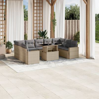 vidaXL Salon de jardin avec coussins 10 pcs beige résine tressée