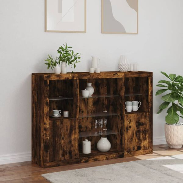 vidaXL Buffets avec lumi&egrave;res LED 3 pcs ch&ecirc;ne fum&eacute; bois d'ing&eacute;nierie