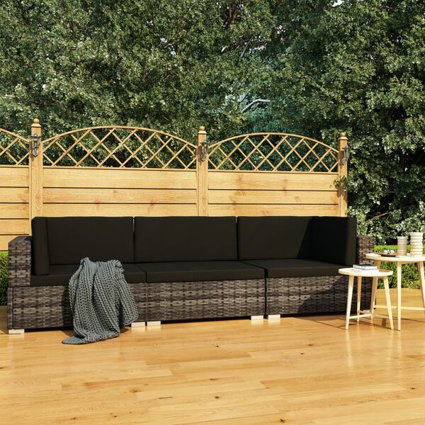 vidaXL Salon de jardin avec coussins 3 pcs r&eacute;sine tress&eacute;e gris