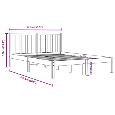 vidaXL Cadre de lit Noir Bois de pin massif 135x190 cm Double