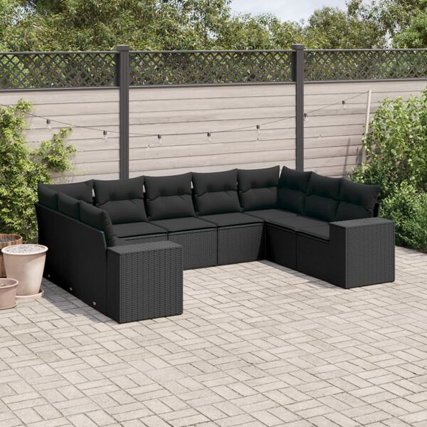 vidaXL Salon de jardin 9 pcs avec coussins noir r&eacute;sine tress&eacute;e