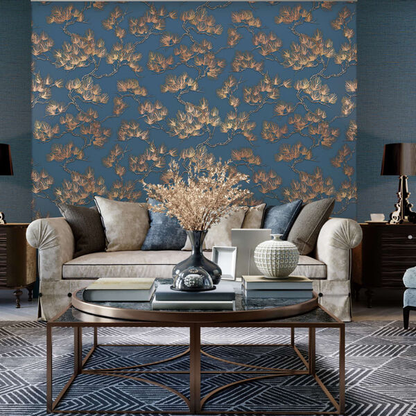 DUTCH WALLCOVERINGS Papier peint Motif avec pins Dor&eacute; et bleu