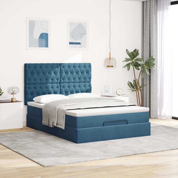 vidaXL Cadre de lit ottoman avec matelas bleu fonc&eacute; 140x190 cm velours